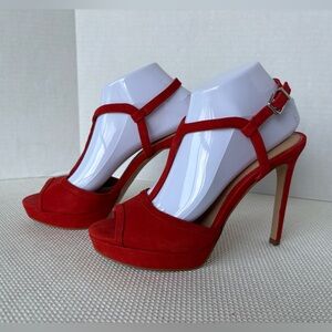 Gianni Bini Women’s 7.5 Red Strappy High Heel Sandals Silver Buckle